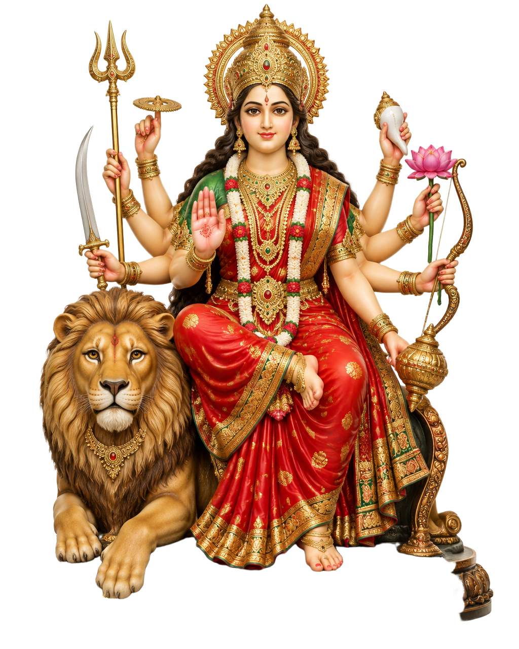 Respectful devotional depiction of Goddess Durga with her lion